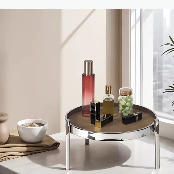 Plateau en cuir et acier inoxydable sur pieds hauts, plateau de rangement, plateau à bijoux, support à gâteaux, présentoir, plateau à rafraîchissements, assiette à dessert