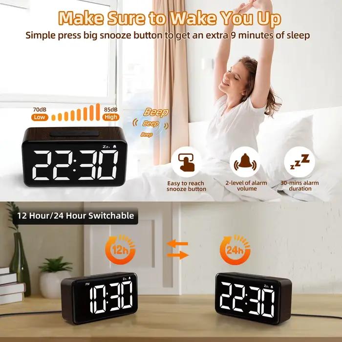 Horloge numérique LED moderne réveil en bois Snooze affichage temps électronique bureau