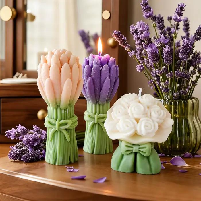 Bouquet de bougies parfumées à la rose et à la tulipe - Bougie florale artisanale en cire de soja, cadeau de mariage, cadeau de la Saint-Valentin, décoration de table à la maison