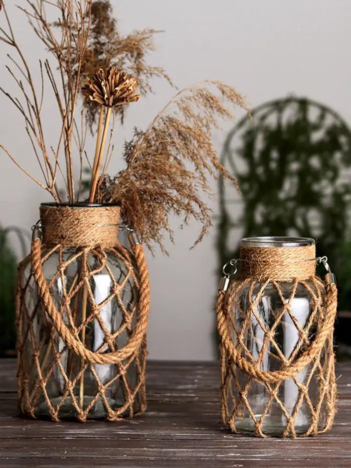 Vase en verre en corde de chanvre tissé à la main