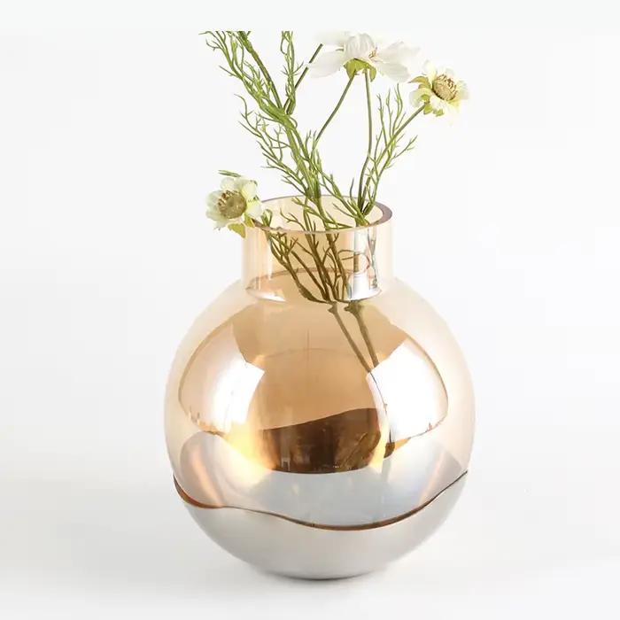 Vase en verre transparent couleur ambre, pots à fleurs, décoration de bureau, arrangement floral, vases floraux ronds, décoration esthétique de la pièce