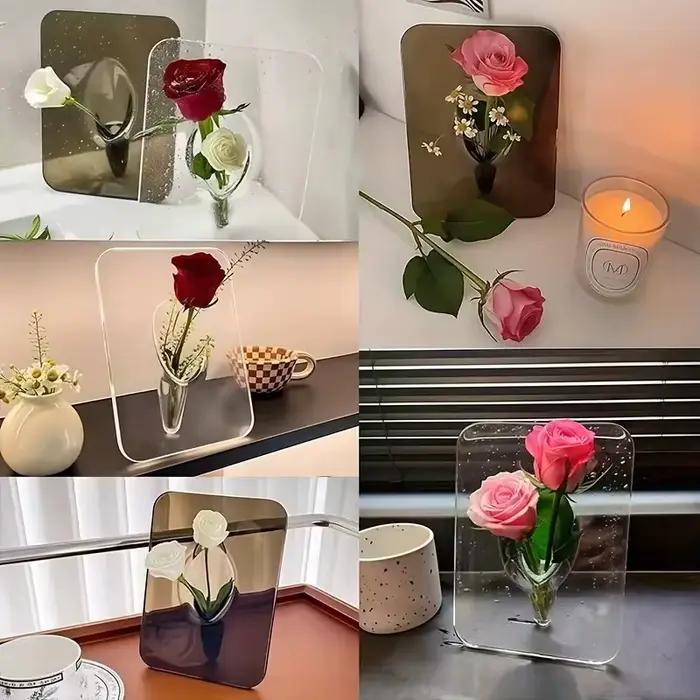 Vase moderne en acrylique avec cadre géométrique. Décor rectangulaire transparent pour la maison/bureau. Cadeau élégant pour toute occasion.