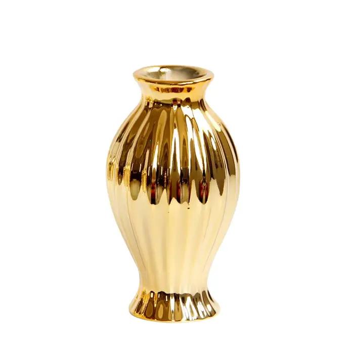 Petit Vase en céramique gaufrée de style européen doré avec motifs floraux – Porte-fleurs de bureau et ornement de décoration européenne pour la maison