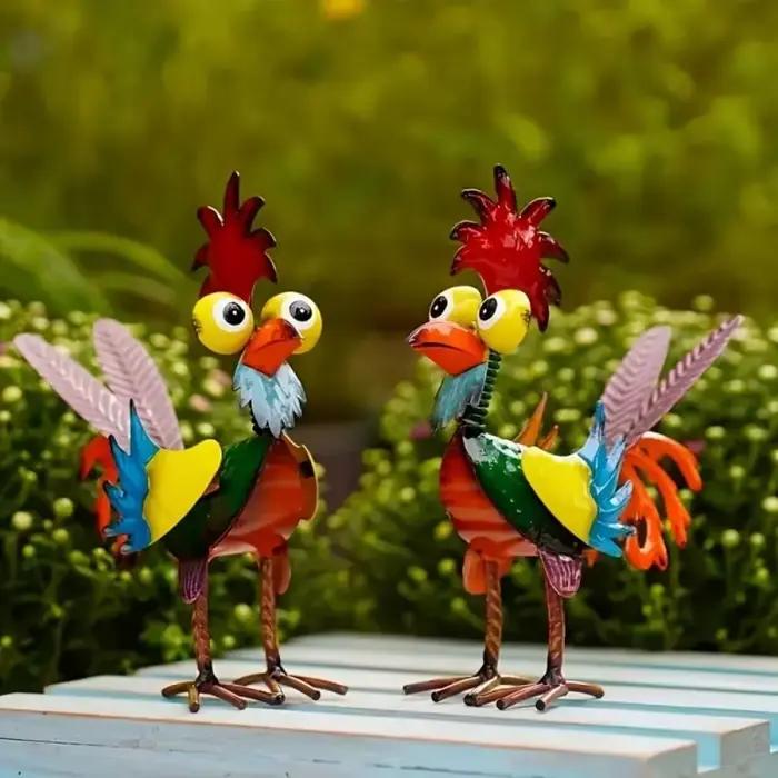 Décoration extérieure : Statues de coq de jardin en fer, sculpture de poulet, ornements miniatures en métal antirouille pour la maison