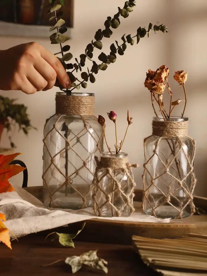 Vase en verre en corde de chanvre tissé à la main