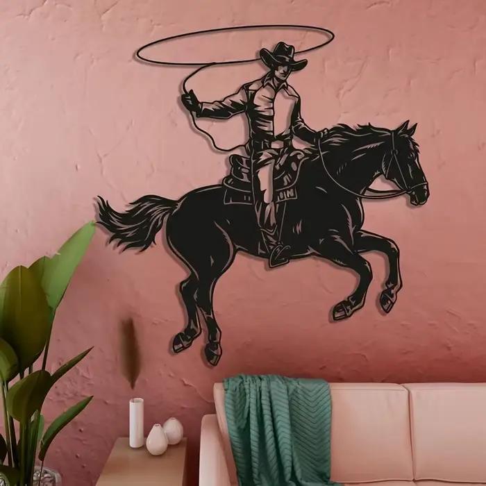Décoration murale en métal Art Deco Cowboy pour intérieur et extérieur protégé, sculpture d'équitation inspirée du Texas, élégante pour occasions spéciales et collectionnage
