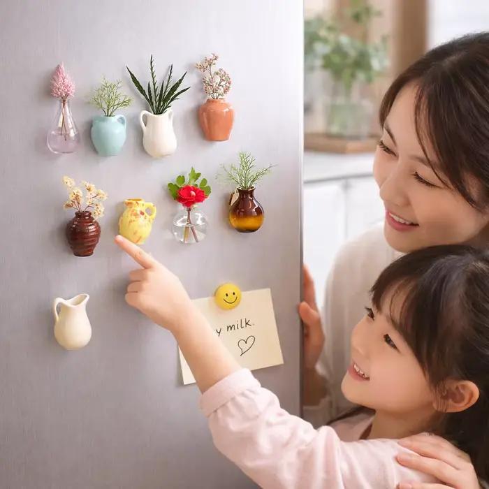Mini vase à fleurs magnétique créatif en céramique – Insert en porcelaine DIY pour autocollant de réfrigérateur