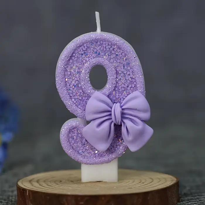 Bougie d'anniversaire numérique artisanale DIY avec nœud violet pailleté - Décoration de gâteau avec emballage individuel