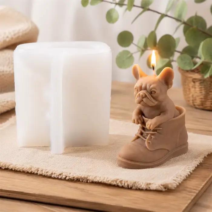 Moule en silicone 3D Bouledogue Français pour bougie, chiot en botte, moule de fabrication de bougies, moule artisanal en cire DIY, décoration d'intérieur, cadeau fait main
