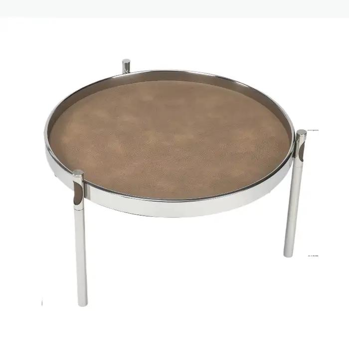 Plateau en cuir et acier inoxydable sur pieds hauts, plateau de rangement, plateau à bijoux, support à gâteaux, présentoir, plateau à rafraîchissements, assiette à dessert