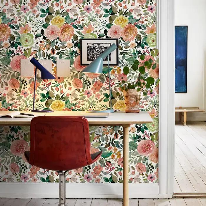 Papier peint Floral rose à décoller et à coller