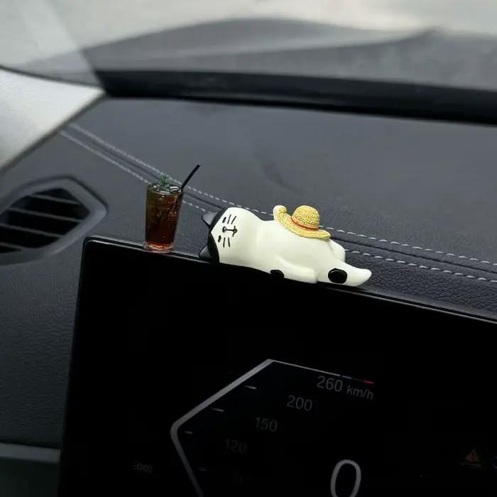 Nouvelle Décoration Intérieure de Voiture Mignonne, Ornements Créatifs en Résine pour Tableau de Bord, Accessoires de Voiture Chat et Café, Dessin Animé Chat