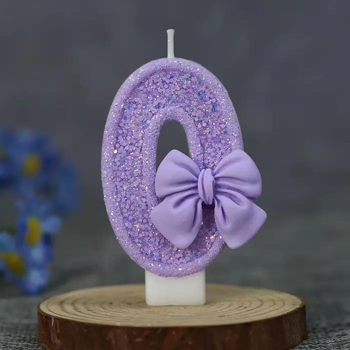 Bougie d'anniversaire numérique artisanale DIY avec nœud violet pailleté - Décoration de gâteau avec emballage individuel
