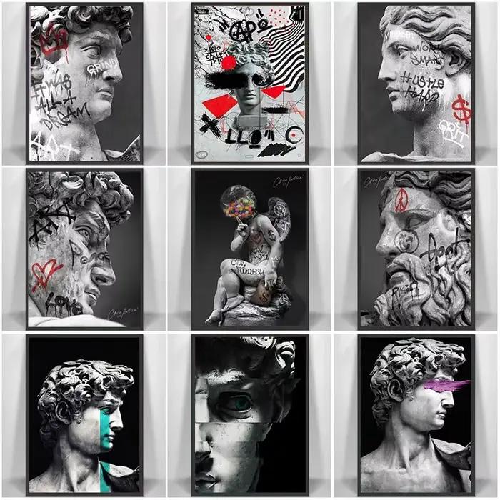 Statue de David, Art Graffiti, Peinture sur Toile, Sculpture Tête de David, Affiches et Impressions, Art Mural Urbain, Images pour Décoration de Chambre