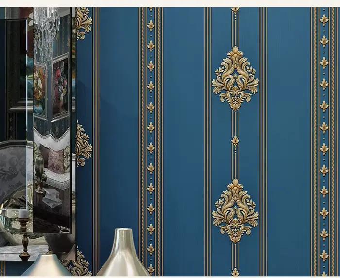 Style européen bleu damassé 3D PVC en relief papier peint de luxe chambre salon rayé vinyle