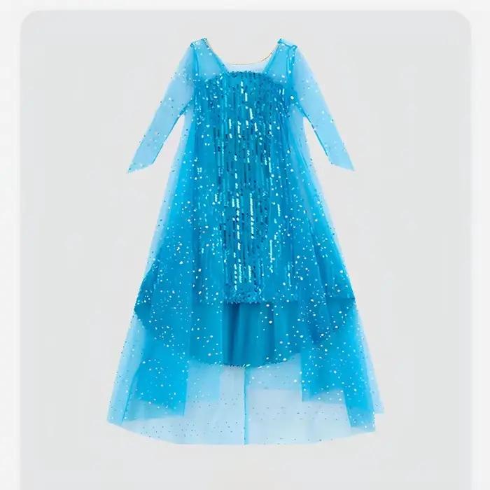 Robe longue de princesse époustouflante pour fille, entièrement recouverte de paillettes, avec traîne bleue, en tulle scintillant, costume de fête Reine des Neiges Elsa, tenue de cosplay
