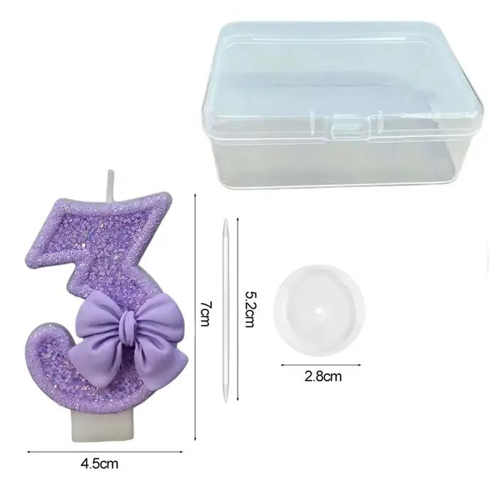Bougie d'anniversaire numérique artisanale DIY avec nœud violet pailleté - Décoration de gâteau avec emballage individuel