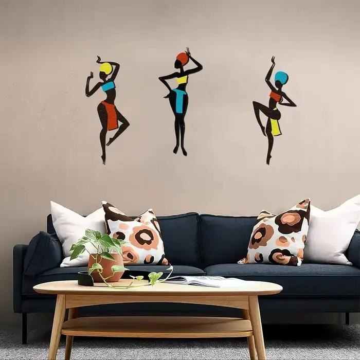 3 pièces d'art mural en métal africain - Art silhouetté de style danse ethnique