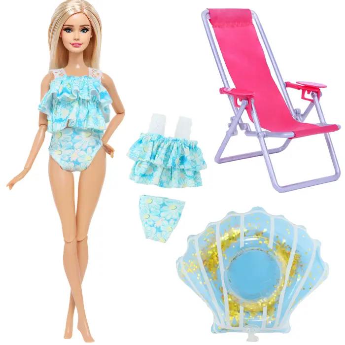 Ensemble de 3 accessoires pour poupée de 11,5 pouces (30 cm) 1/6 : Maillot de bain bikini + chaise de plage + bouée de natation – Tenue d'été pour jouet