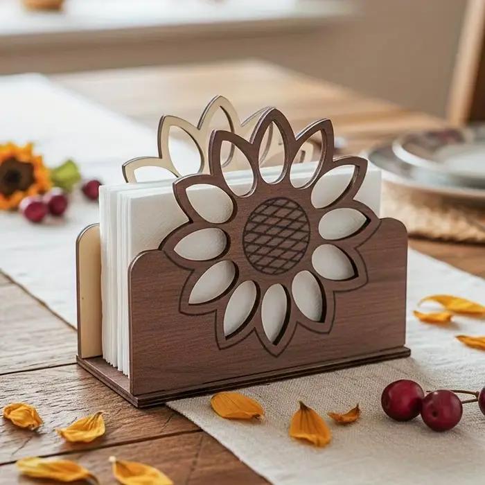 Porte-serviettes en bois au design sophistiqué en forme de tournesol