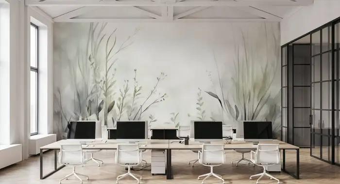 Papier peint mural sur mesure avec texture aquarelle feuilles vert sauge pour chambres