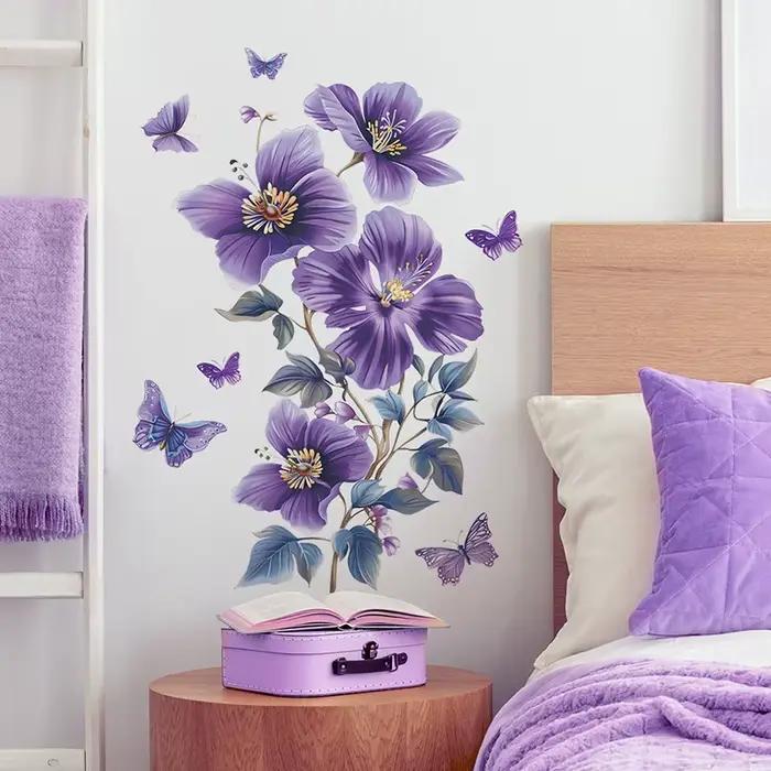 Autocollants muraux papillons et fleurs violettes pour salon et chambre à coucher – Décoration murale auto-adhésive
