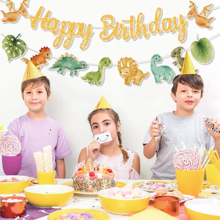 Guirlande de joyeux anniversaire de dinosaure, bannière rugueuse, ballons de fête, animaux de la Jungle, Safari, fournitures de décoration pour fête d'anniversaire pour enfants de 1er