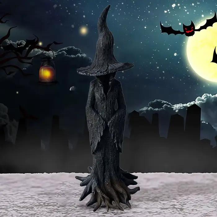 Statue de sorcière craquelin baril 20cm, Statue de sorcière noire d'halloween, Figurine gothique en résine, décor de magicien rétro, ornement fantastique foncé