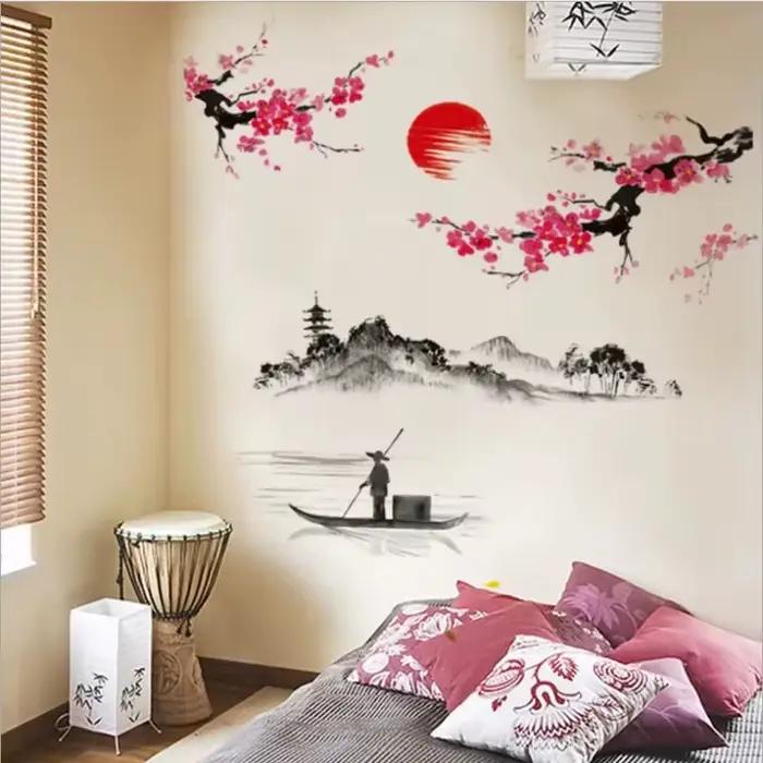 Style chinois Sakura japonais rose fleur de cerisier arbre décoration murale décalcomanies autocollant Mural affiche papier peint décor.