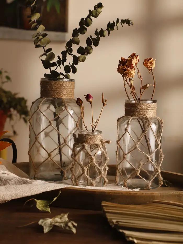 Vase en verre en corde de chanvre tissé à la main