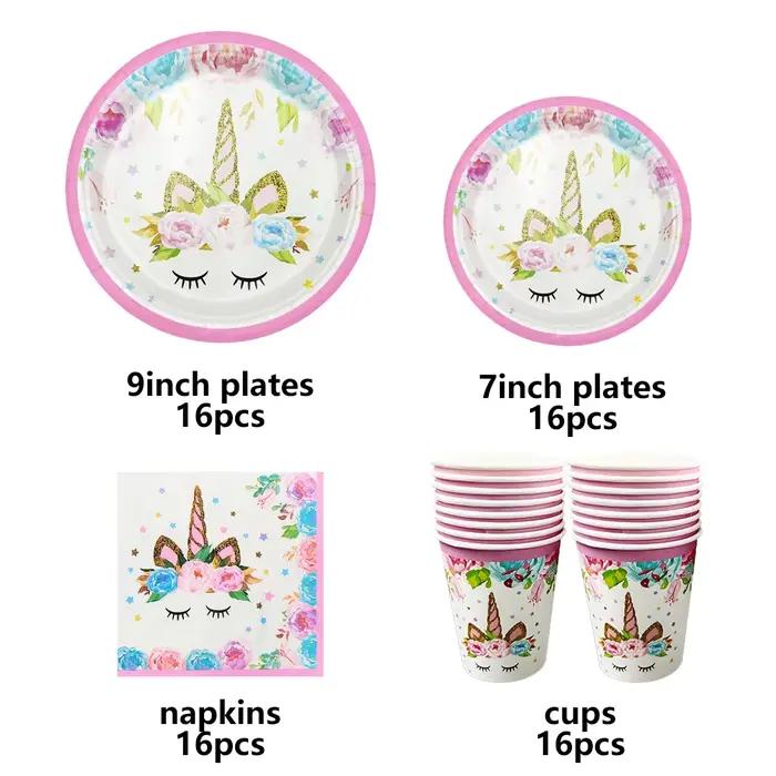 Vaisselle jetable licorne pour fête d'anniversaire, assiettes en papier licorne rose, gobelets, serviettes, décoration de fête d'anniversaire pour fête prénatale pour filles