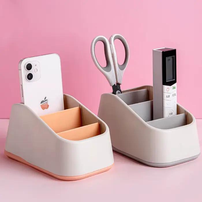 Organisateur de bureau à 4 compartiments pour télécommandes, téléphones et fournitures de bureau, boîte de rangement trapézoïdale pour télécommandes TV, idéal pour la maison et l'hôtel