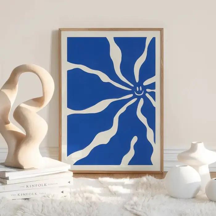Peinture sur toile abstraite à rayures bleues, style Matisse, avec vase à fleurs, affiches et images imprimées pour décoration de salon