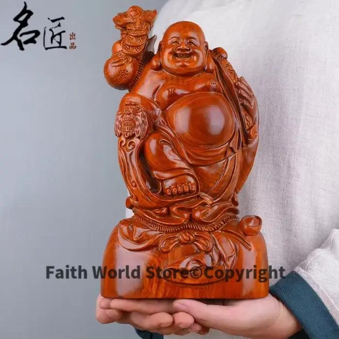 Statue de Bouddha Maitreya en bois rouge faite à la main