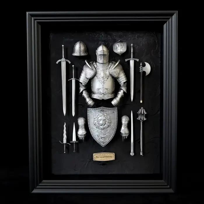 Cadre photo en résine époxy fait main et peint à la main, représentant une armure de chevalier médiéval anglais-français, décoration de bureau et de maison