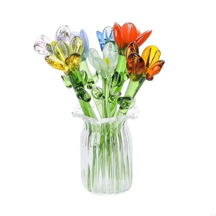 Bouquet fleurs en verre délicat avec Vase, présentoir fleurs miniatures, ajoute mode aux décors bureau à domicile