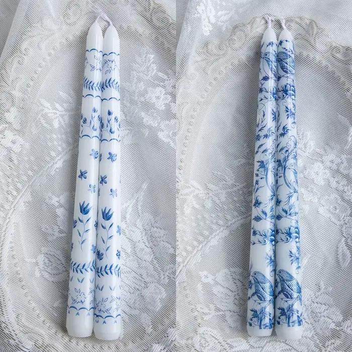 Bougies longues chinoises peintes à la main en porcelaine bleue et blanche