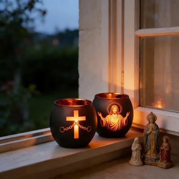 Lot de 2 bougeoirs en verre noir avec figurines et croix