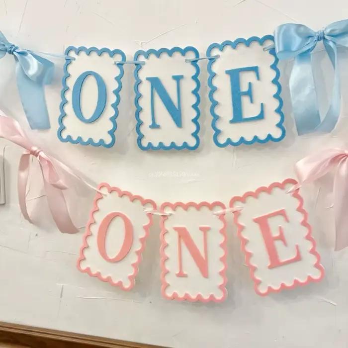 Rose bleu une lettre bannière fond décoration murale un an bébé 1er anniversaire fête faveur