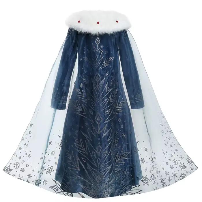 Costume de reine Elsa pour filles, robe en velours avec Cape détachable, col en fausse fourrure, tenue luxueuse de fête d'anniversaire et d'halloween la reine des neiges