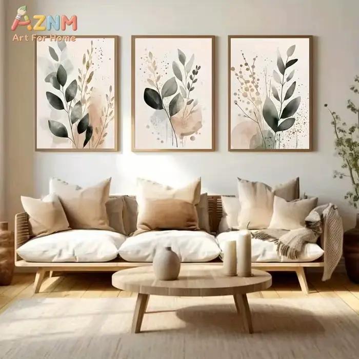 Lot de 3 impressions sur toile neutres à l'aquarelle d'eucalyptus