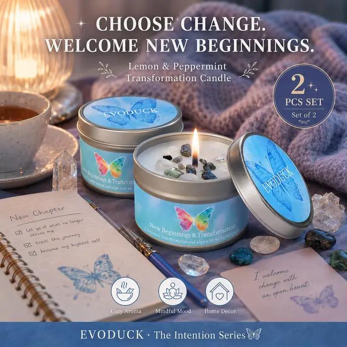 Bougie parfumée citron menthe poivrée en cristal – Nouveaux Départs, Transformation, Manifestation Spirituelle, Aromathérapie – Bougie en boîte – Cadeau Décoratif