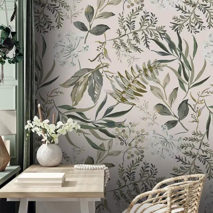 Papier peint feuilles vertes pastel Pixel&Wall résistant à l'humidité et aux moisissures pour cuisine chambre enfant étude salon装饰墙面的自然绿色叶状壁纸，适用于厨房、卧室、儿童房、书房和客厅，具有防潮、防霉特性，为家庭创造健康环境。