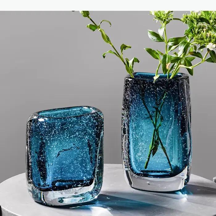 Vase en verre bleu, bouteille en verre à paroi épaisse, terrarium hydroponique, vase à fleurs carré géométrique, pot de fleurs, décoration d'intérieur