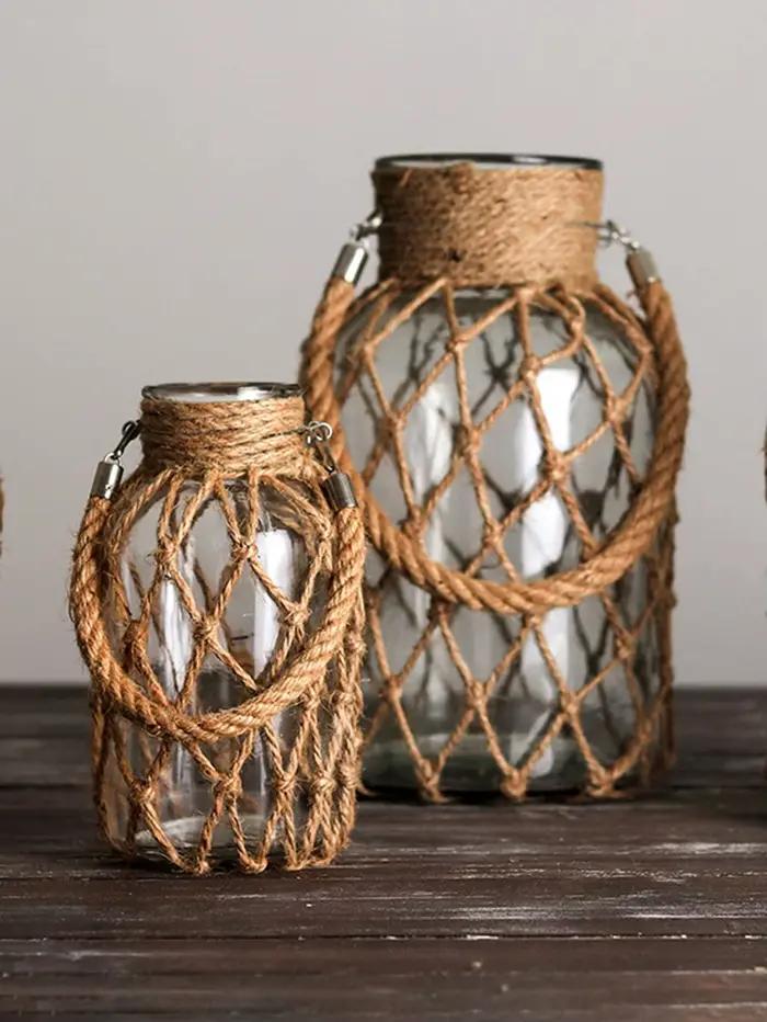 Vase en verre en corde de chanvre tissé à la main