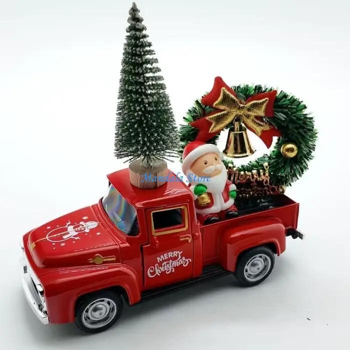 U2JC – décorations camion noël, pick-up en métal avec cloches à nœud papillon, couronne noël, ornements d'arbre père