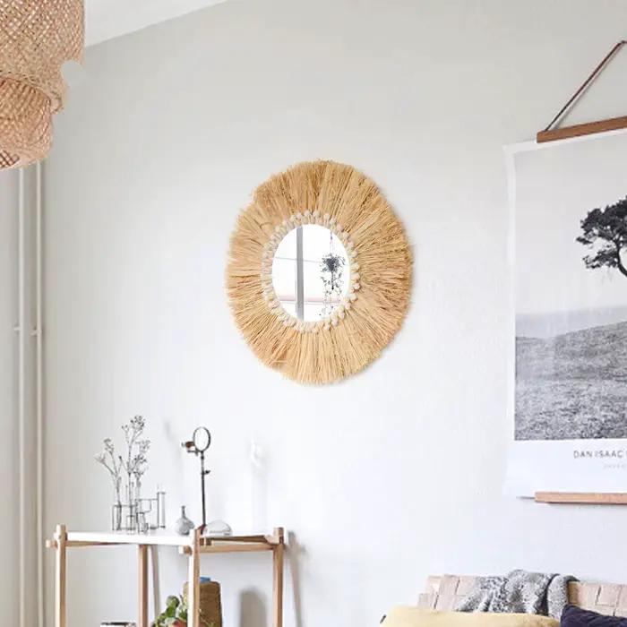 Boho décoration de la maison paille tissé à la main miroir