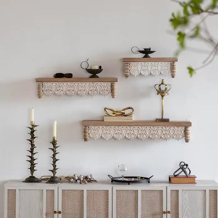 Étagère murale marocaine en bois naturel, étagère flottante sculptée marron clair, décor Boho Vintage fabriqué à la main, affichage d'accent rustique
