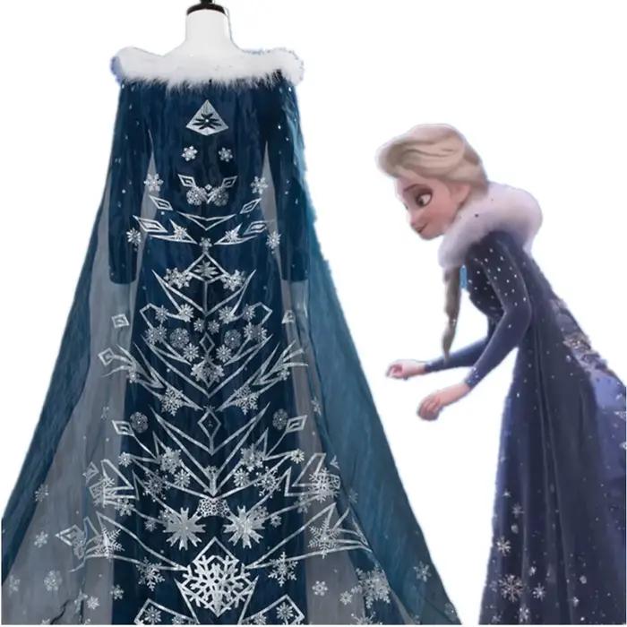 Robe de cosplay Elsa, jupe longue en velours bleu profond, col en peluche, cape brodée de flocons de neige, costume de fête ou d'exposition