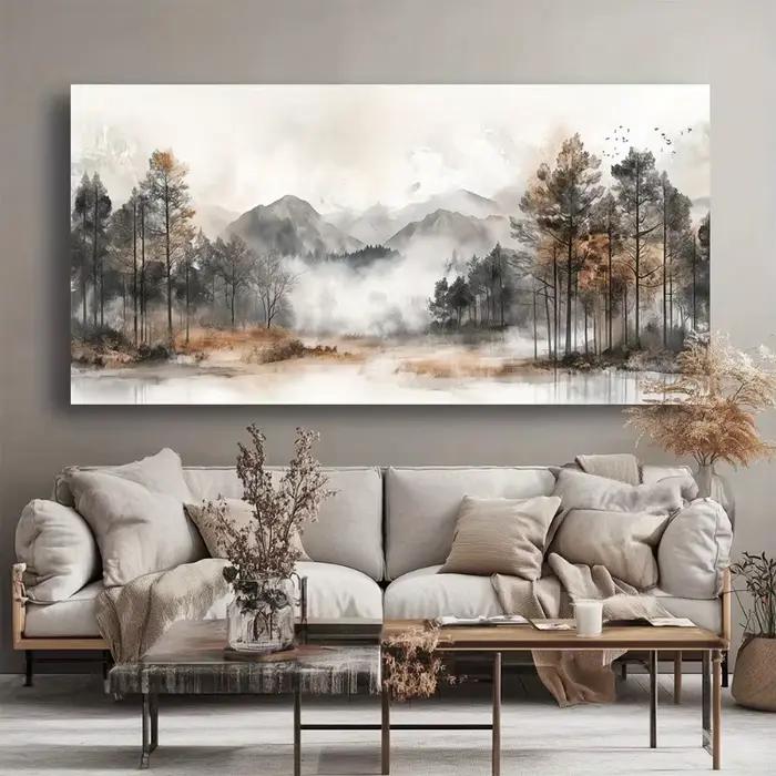 Art mural, peinture abstraite de forêt brumeuse avec vue sur les montagnes